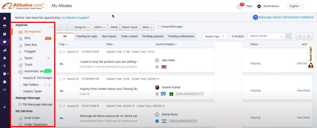 Alibaba inquiry tab for alibaba seller