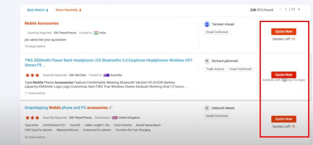 Alibaba RFQ search bar quote button