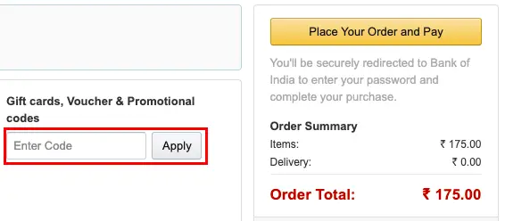 Amazon checkout page coupon entry